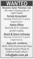 Wanted Staff at Maestro Solar Pakistan Ltd Lahore