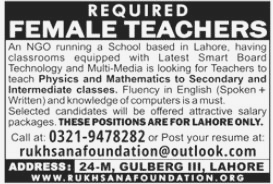 Female Teacher Wanted at Rukhsana Foundation NGO Lahore