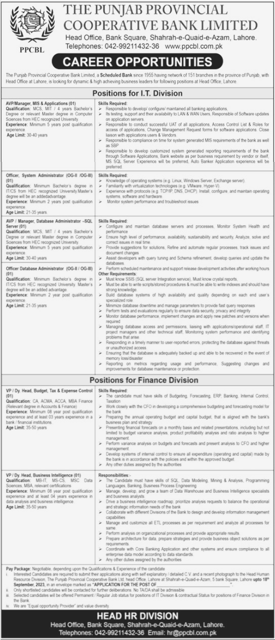 Career Opportunity at The punjab Provincial Cooperative Bank Limited Lahore