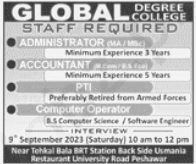 Staff Required at Global Degree College Peshawar