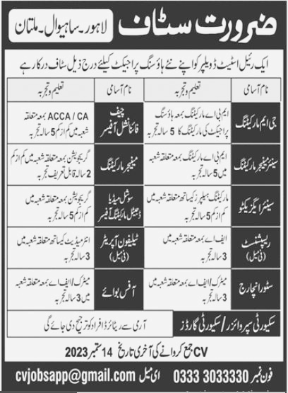 Need Staff at Real Estate Developer Company Lahore