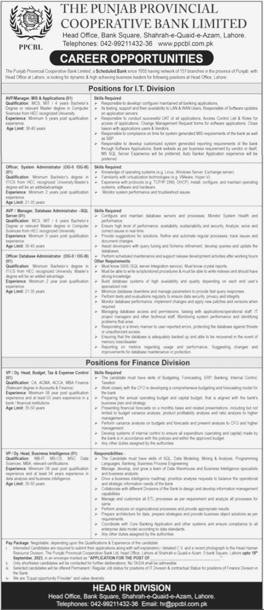 Vacancies Announced at The Punjab Provincial Co-operative Bank Limited Lahore