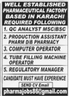 Staff Wanted at Pharmaceutical Factory Karachi