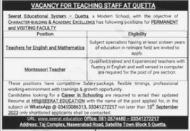 Teaching Staff Required at Seerat Educational System Quetta