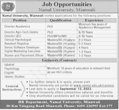 Job Position Announced at Namal University Mianwali