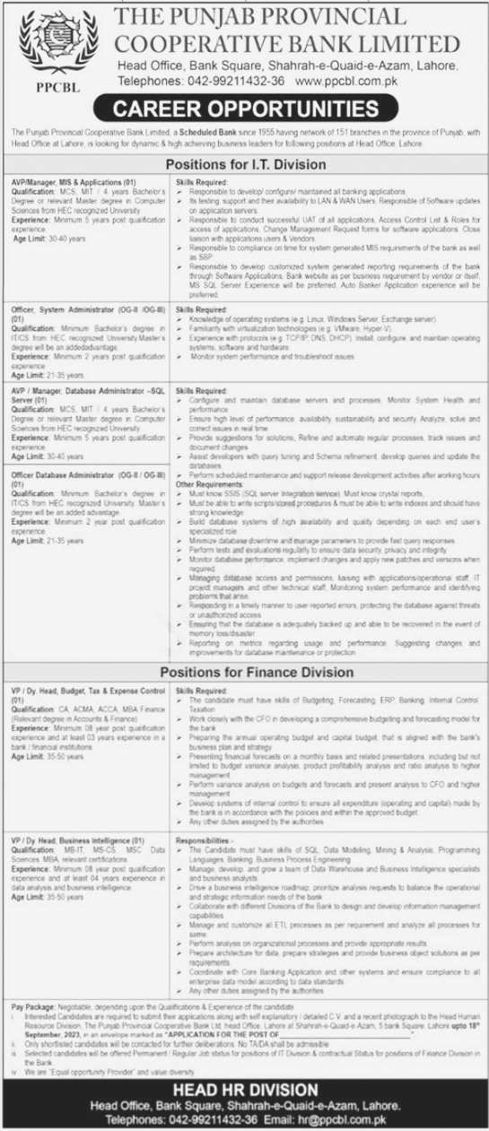 Job Open at The punjab Provincial Cooperative Bank Limited Lahore