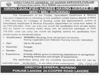 Career Opportunity at Directorate General of Nursing Services Lahore