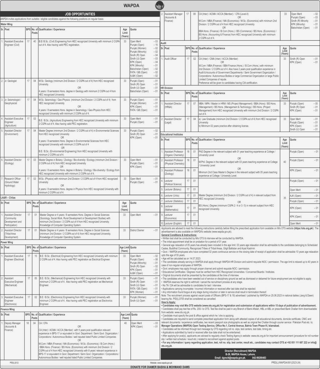 Job Opportunities at Water and Power Development Authority WAPDA Lahore