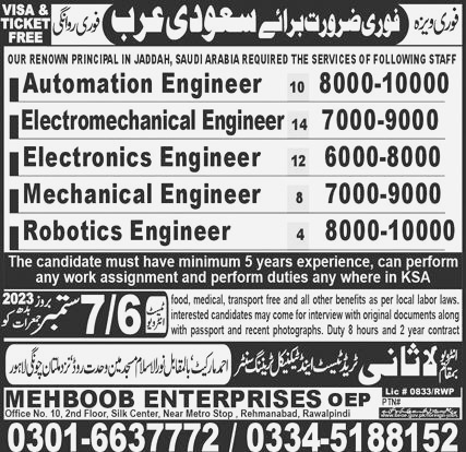 Automation Engineer and Electromechanical Engineer Wanted in Saudi Arabia