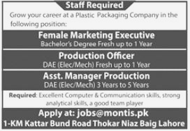 Female Marketing Executive and Production Officer jobs available at Packing Company at Lahore 2023