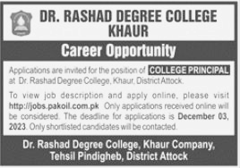 Vacancy Open for College Principal at DR. Rashad Degree College Khaur Attock 2023