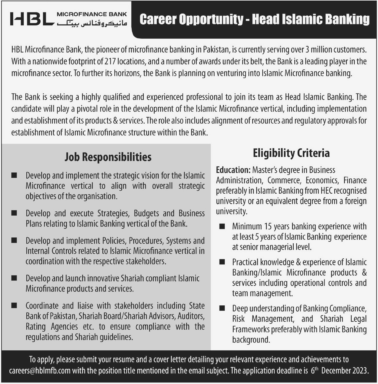 Head Islamic Banking Job in Karachi 2023