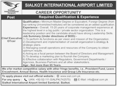 Chief Executive Officer required at Sialkot International Airport Limited Lahore 2023