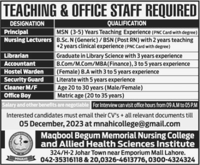 Teaching and Office Staff required at Allied Health Sciences Institute 2023