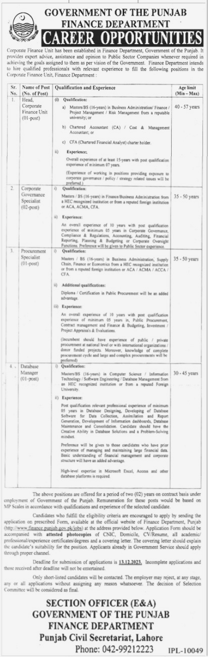 Head Corporate Finance Unit and Database Manager required at Finance Department Govt of Punjab 2023