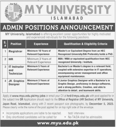 My University Islamabad Accounced Open Vacancies for Registrar, HR and Others at Islamabad 2023