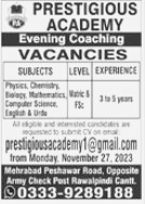 Prestigious Academy Vacancies for Teacher for evening coaching Rwp 2023