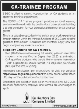 CA Trainee Program is being held at SSGC Rawalpindi 2023