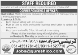 Correspondence Officer and Other Officer required at Quraishi Manpower Beuro Rwp 2023