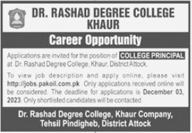 College Principal Vacancy at Dr. Rashad Dagree College Khaur 2023