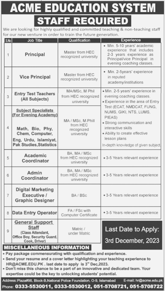 Principal, Vice Principal ant Other vacancies available at ACME Education System 2023