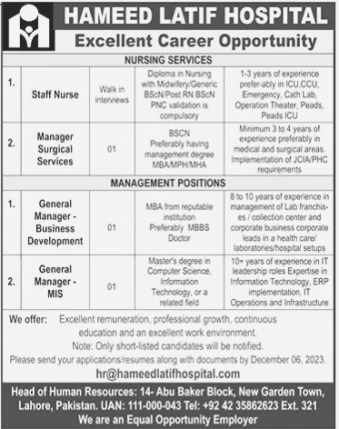 Nursing & Management Jobs in Lahore 2023