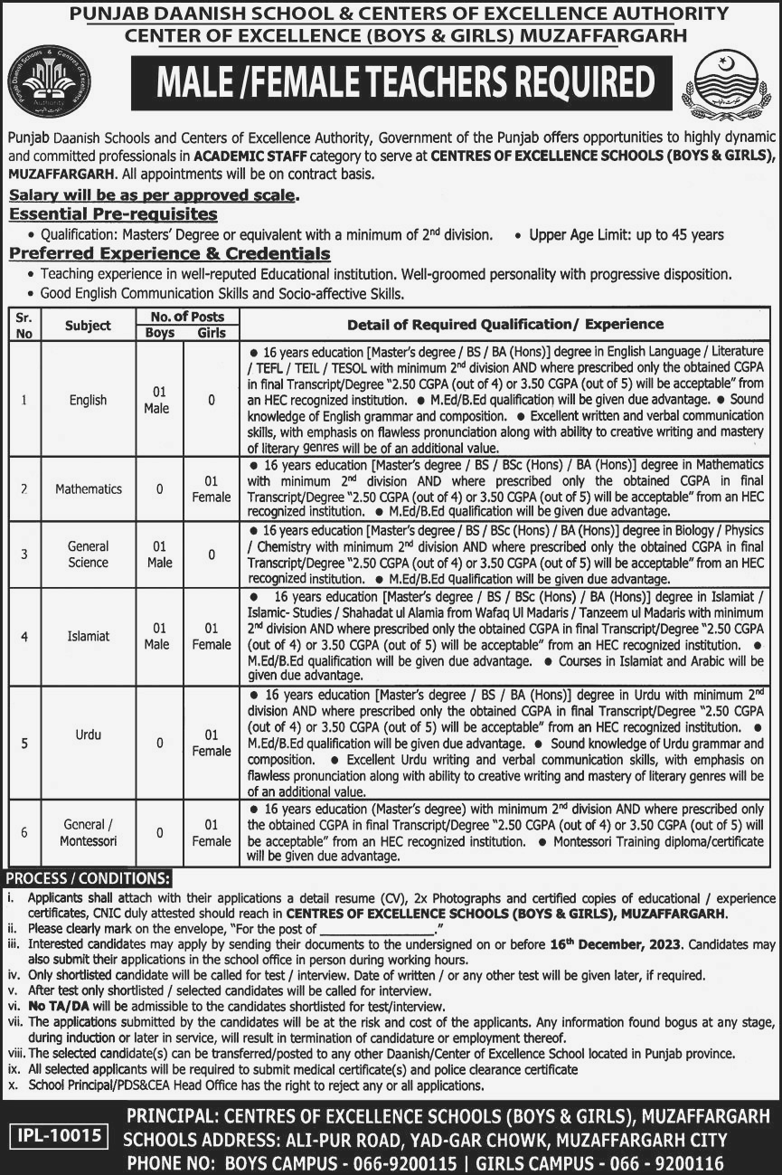 Male Female Teacher Required at Punjab Daanish Schools and Crater of Excellence authority 2023