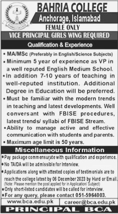 Female Vice Principal Jobs in Islamabad 2023