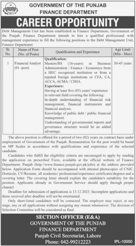 Financial Analyst required at Finance Department Govt Of Pakistan 2023