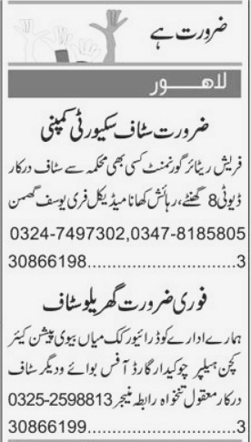 Different Companies are Hiring for Security and house Servant Staff in Islamabad 2023