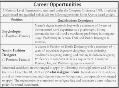 Psychologist and Senior Fashion Designer required for National Level Organization 2023