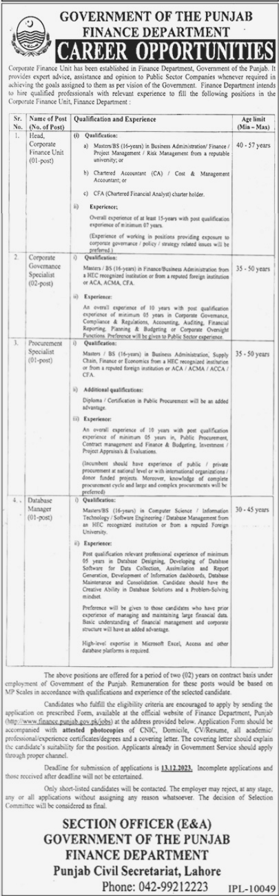 Head Corporate Finance Unit and Database Manager Jobs in Finance Department Lahore 2023