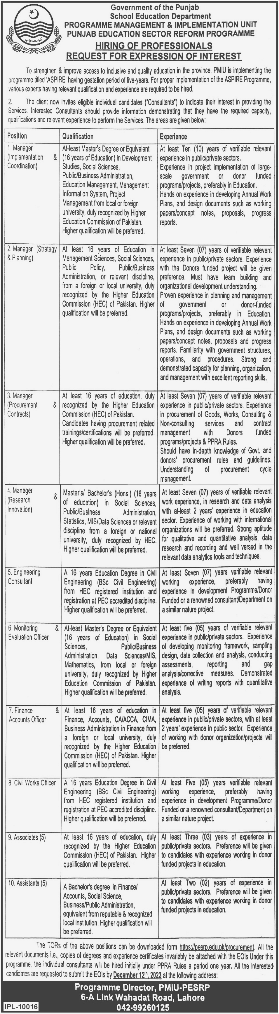 Manager Implementation & Coordination and other Vacancies Available