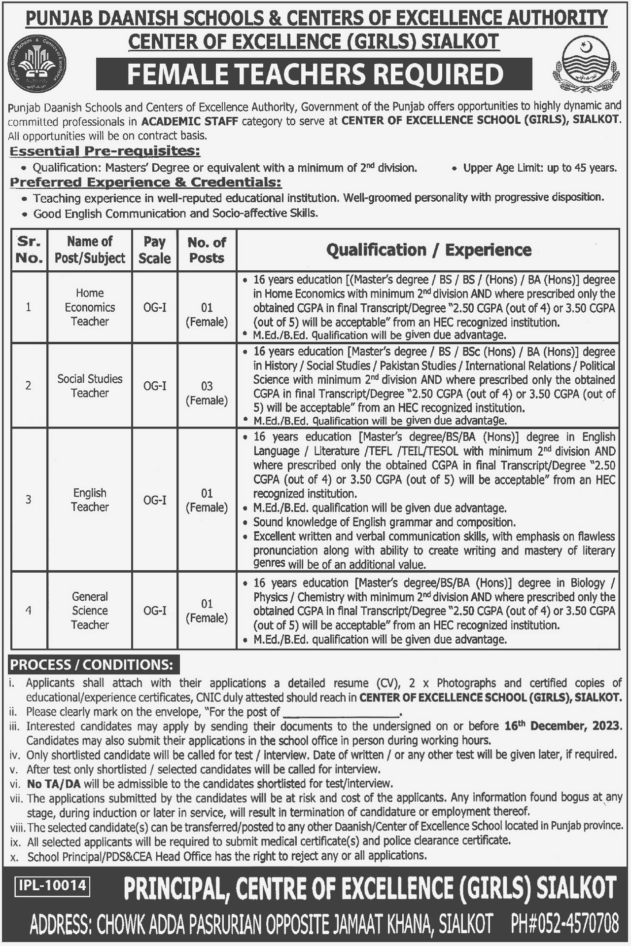 Female Teacher required at Punjab Daanish School & Centers of Excellence Authority 2023