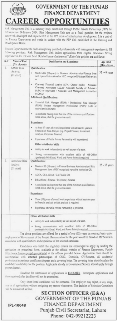 Senior Risk Analyst jobs at Finance Department Lahore 2023