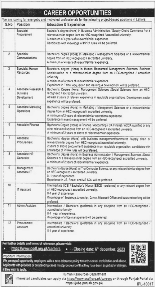 Various Vacancies available Specialist Procurement and other in Human Resources Department 2023