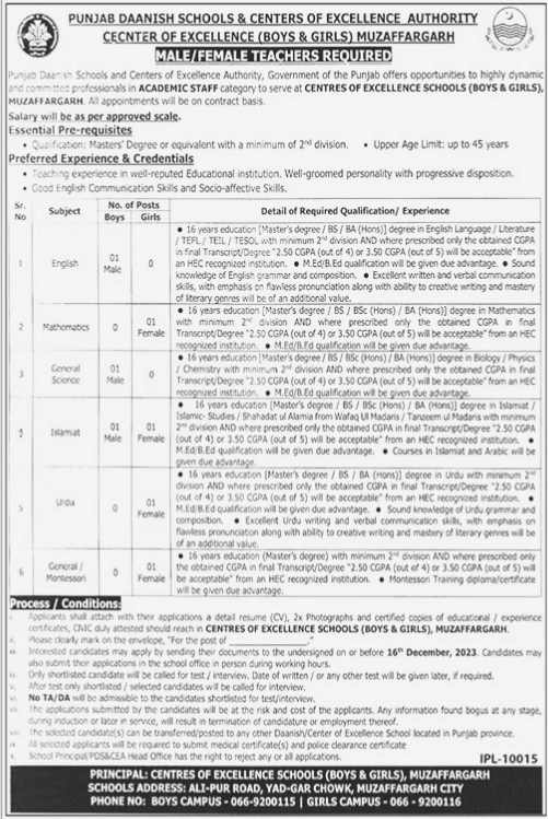 Male Female Teacher Required at Punjab Daanish Schools and Centers Of Excellence Authorities 2023