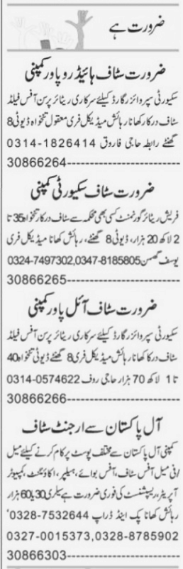 Different Private Companies are hiring for Security Staff and Office Staff in Lahore 2023