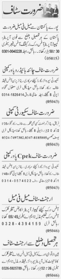 Various Private Companies are hiring for Male Female Office Staff and Security Staff at Lahore 2023