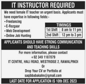 IT Instructor Required for IT Centre Rawalpindi 2023