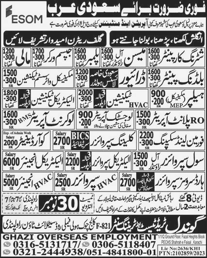 Shuttering Carpenter and Mason Jobs in Saudi Arabia 2023