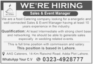 Private Food Catering Company is hiring Sales & Event Manager at Lahore 2023