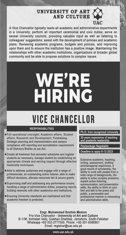 Vice Chancellor required at University of Arts & Culture 2023