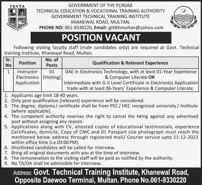 instructor Electronics job available at TEVTA Govt Punjab Multan 2023