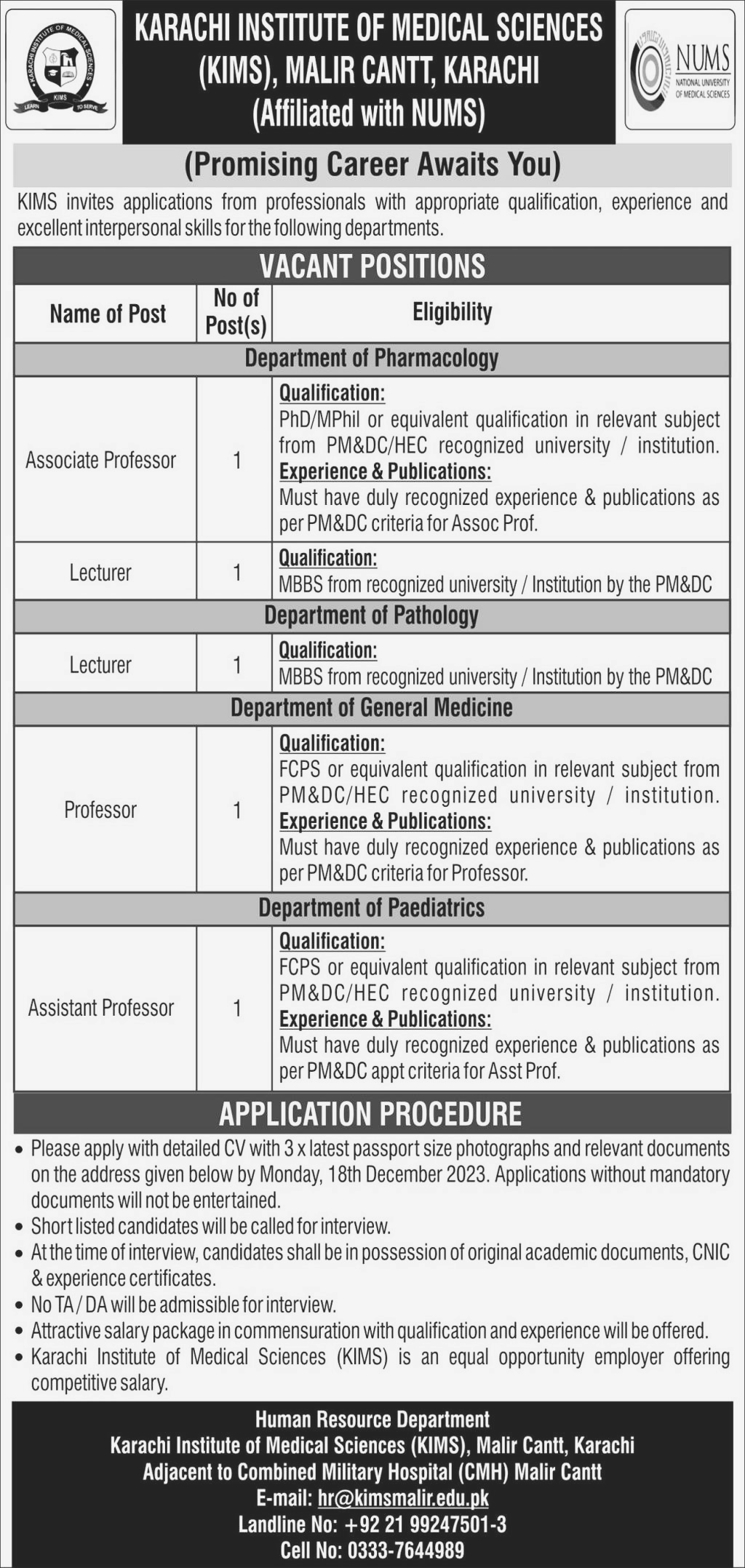 Vacant Positions available atKarachi Institute o r Medical Sciences 2023