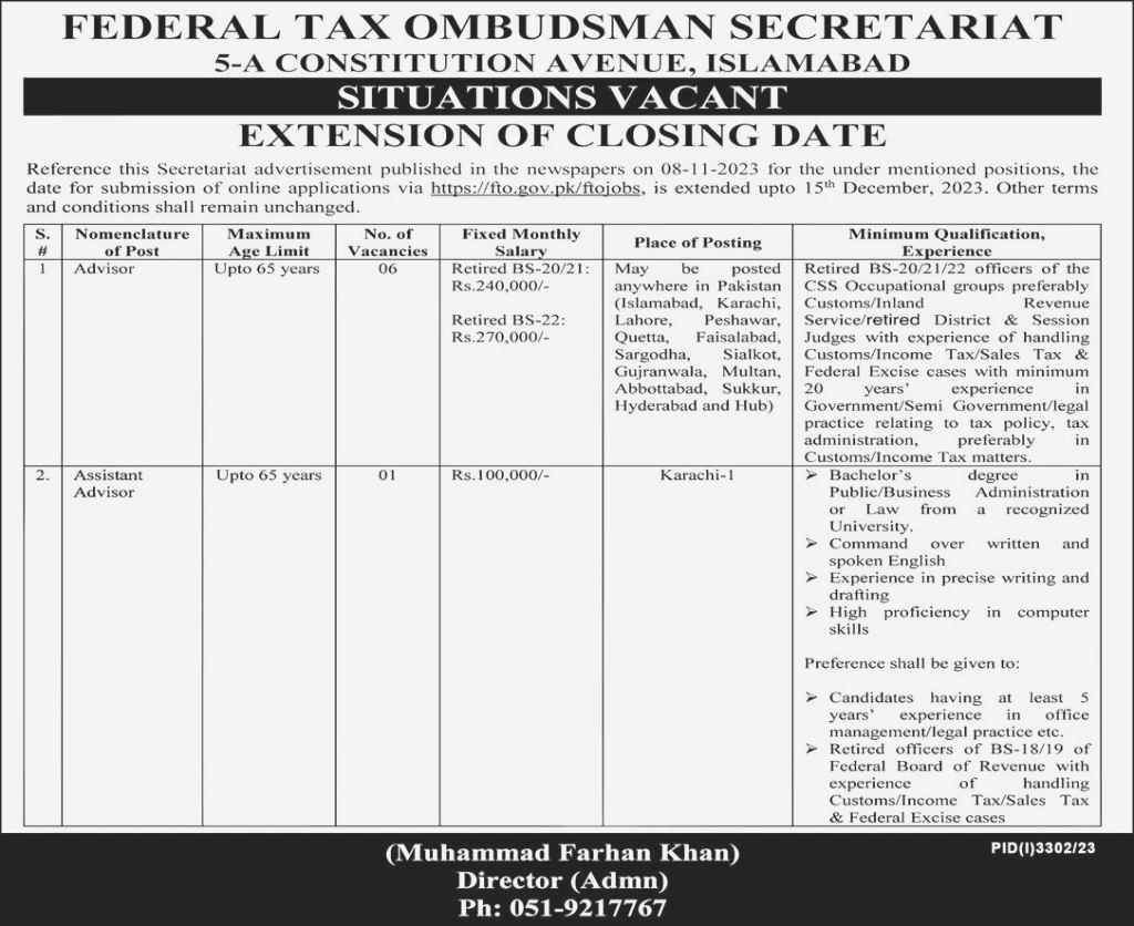 Advisor and Assistant Advisor Required at Federal Tax Ombudsman Secretariat Islamabad 2023