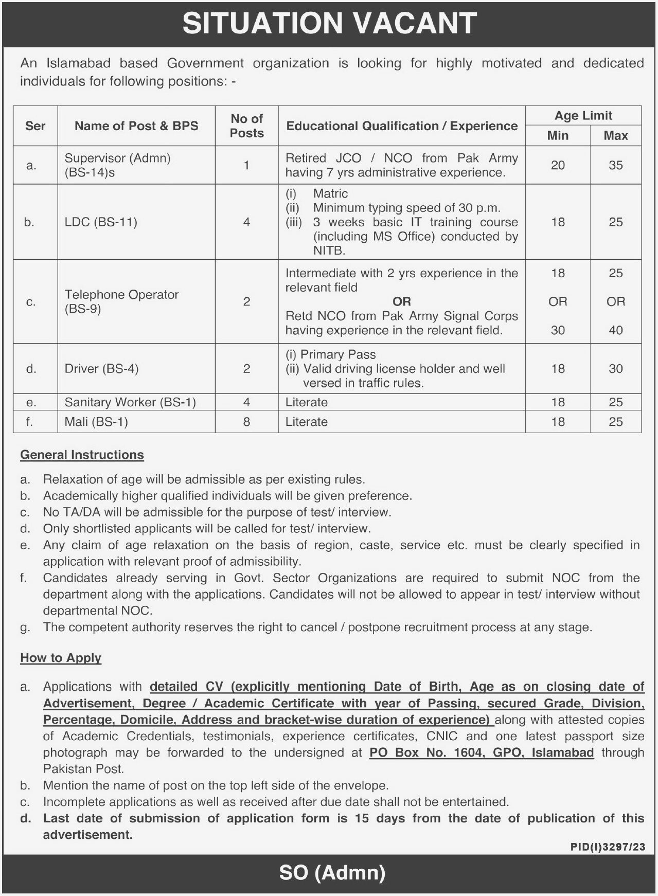 Supervisor Admin and LDC vacancies available at Islamabad Based Govt Org. 2023