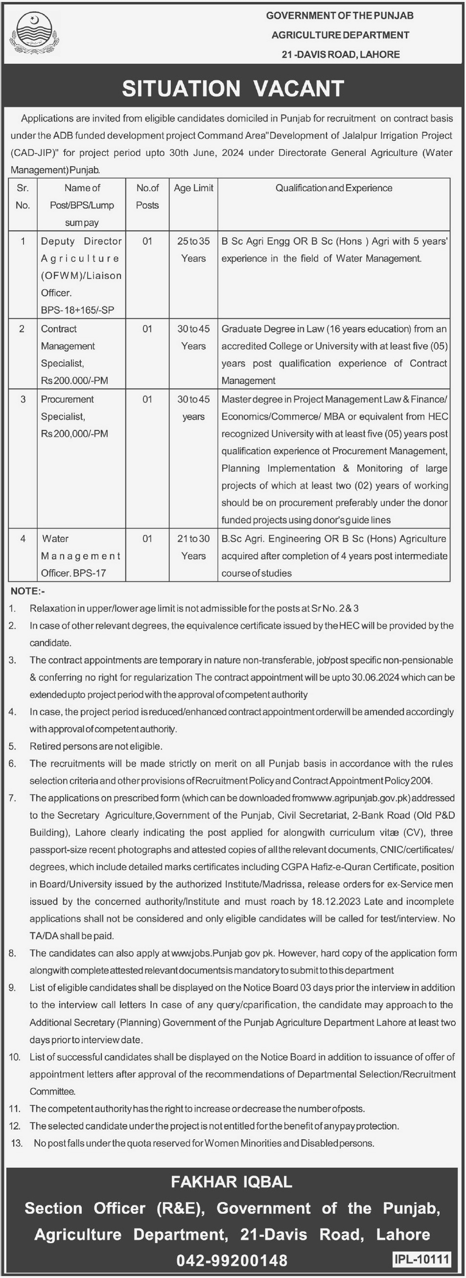 Deputy Director Agriculture and Procurement Specialist vacancies at Agriculture Department Lhr 023