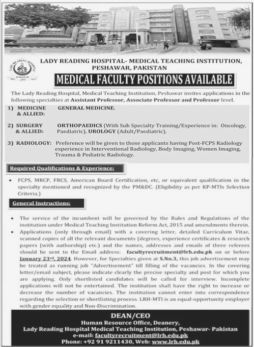 Job Announced at Lady Reading Hospital Peshawar