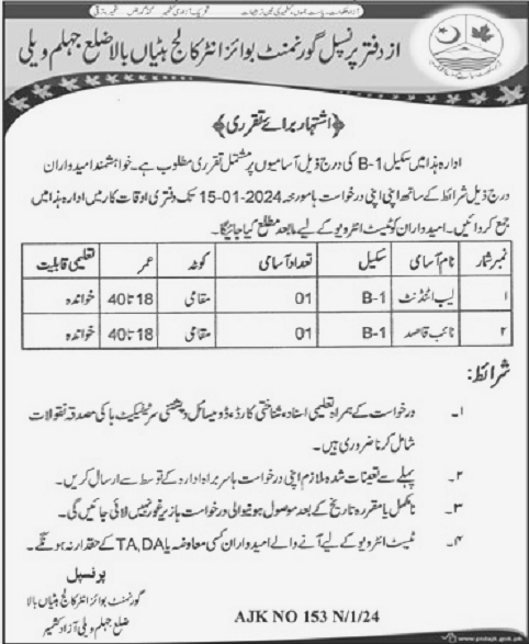 Recruitment Opportunity at Government Boys Inter College Jhelum Valley